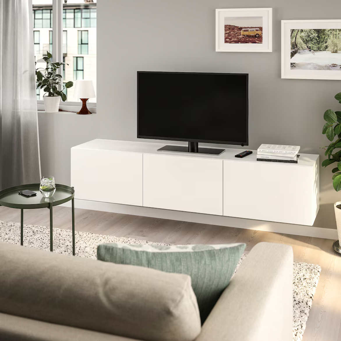 BESTA TV bench with doors, white/Lappviken white, 180x42x38 cm