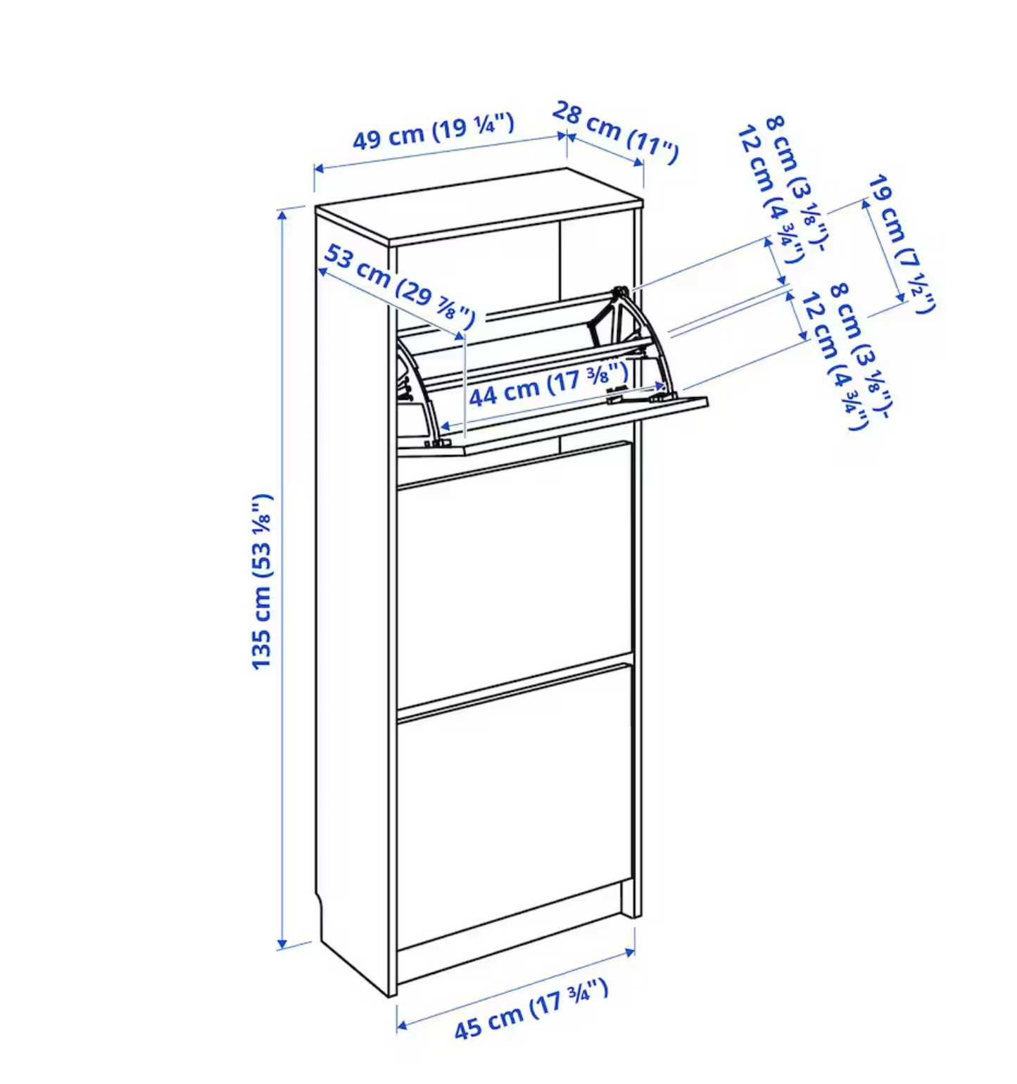 BISSA Shoe cabinet with 3 compartments, white, 49x28x135 cm