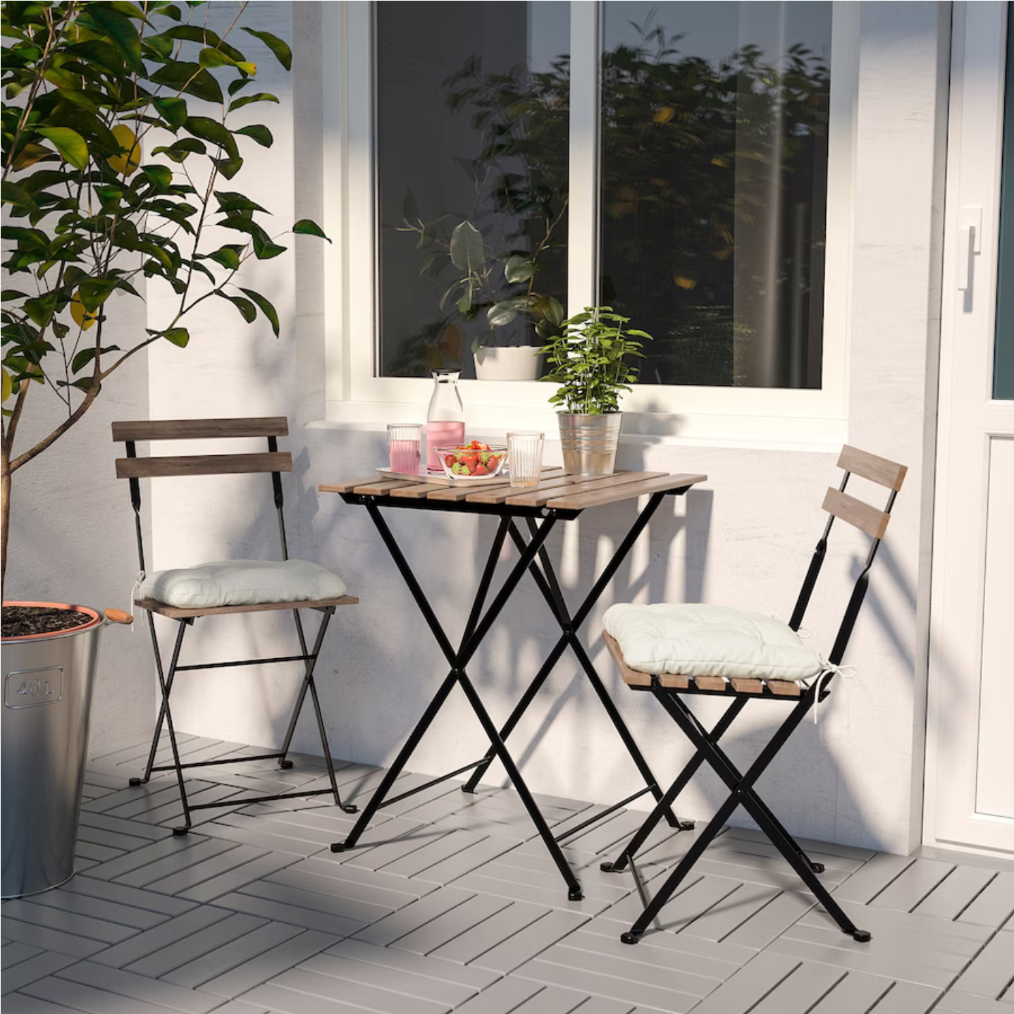 TARNO Table+2 chairs, outdoor, black/light brown stained