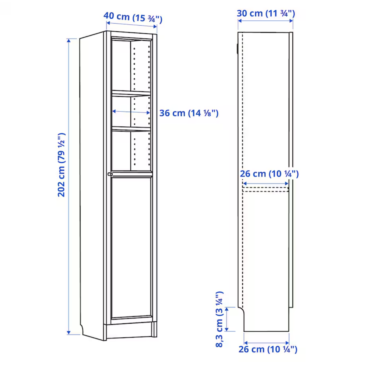 BILLY / OXBERG Bookcase with panel/glass door, white/glass, 40x30x202 cm