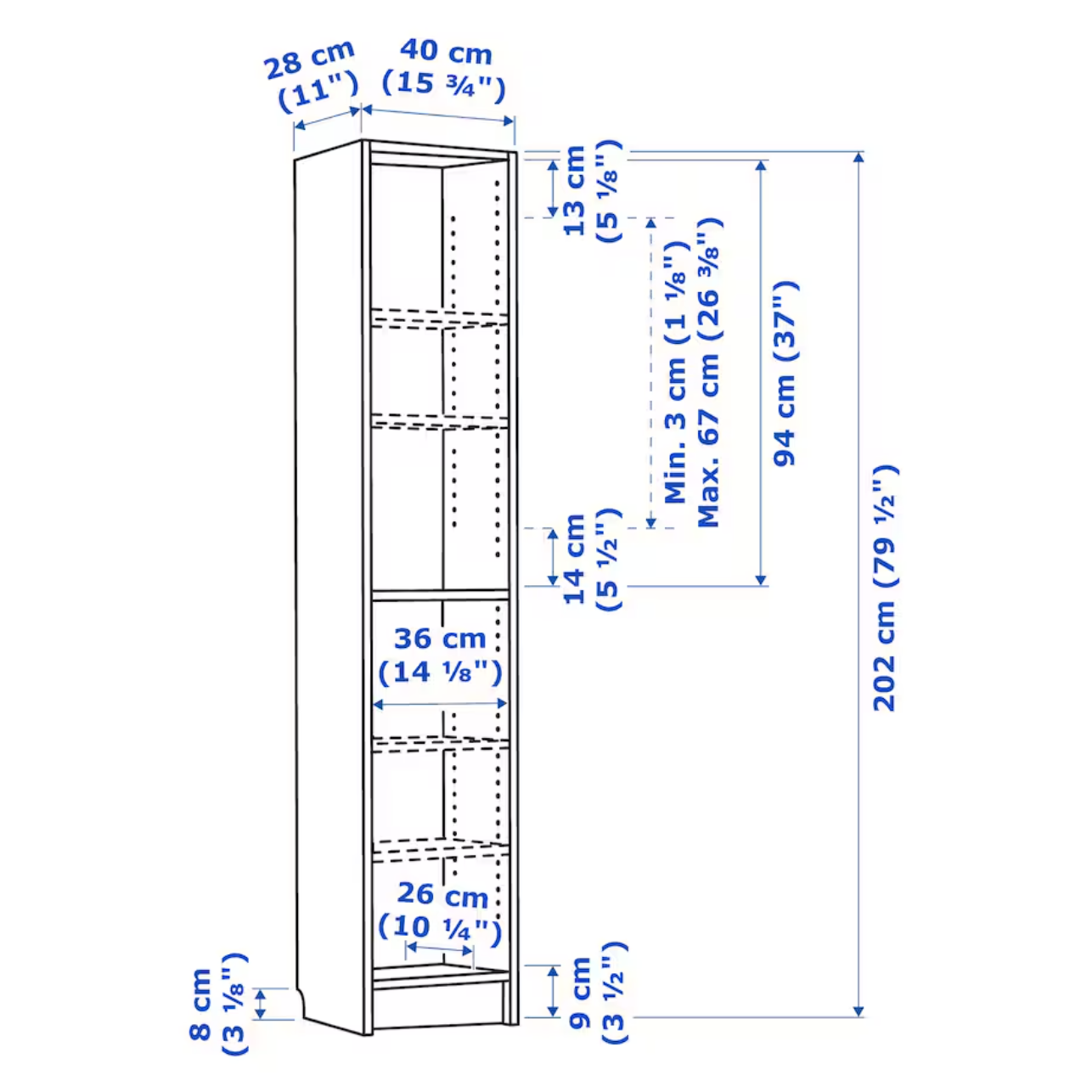 BILLY Bookcase, white, 40x28x202 cm