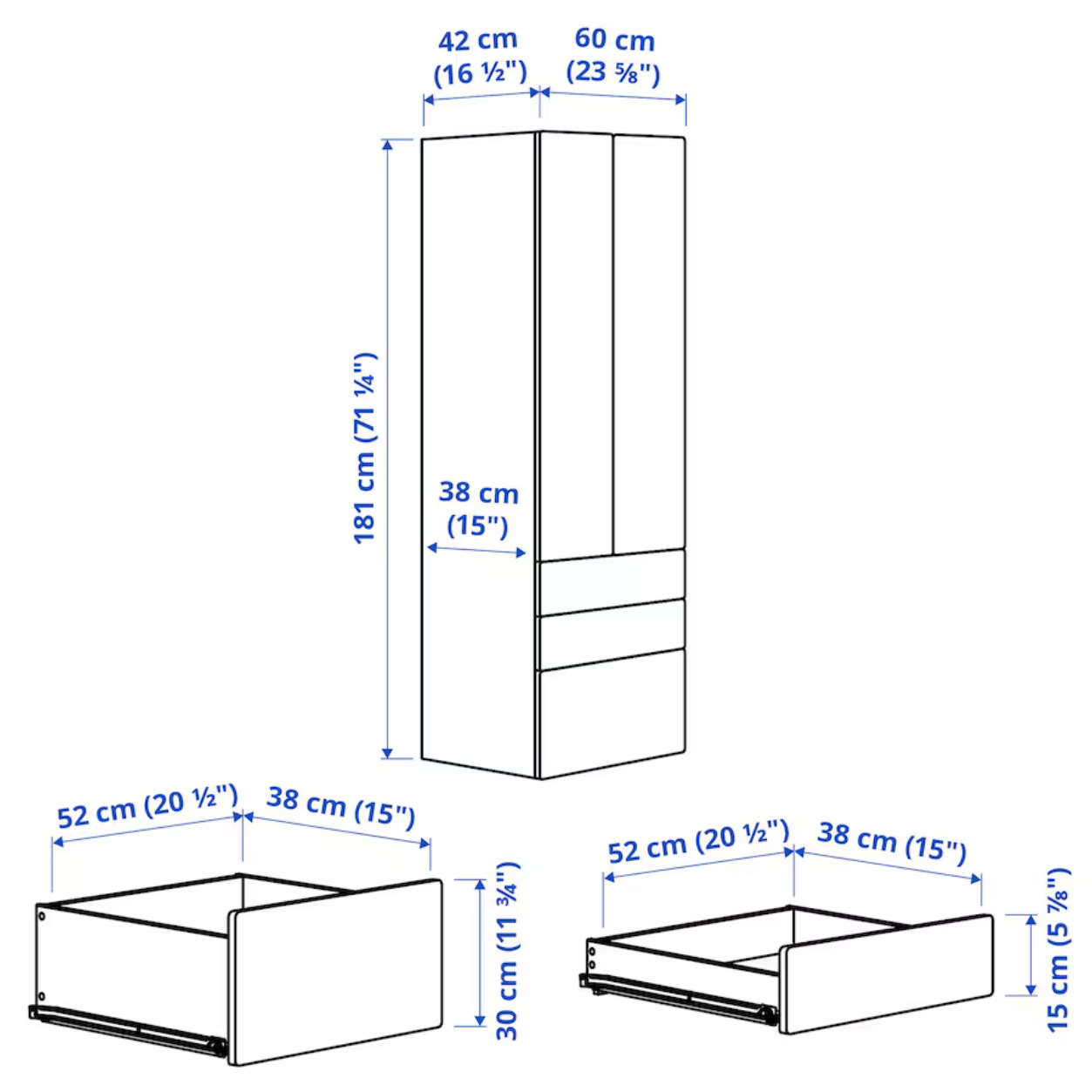 SMÅSTAD / PLATSA Wardrobe, white white/with 3 drawers, 60x42x181 cm