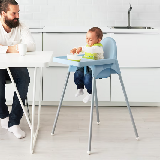 ANTILOP Highchair with tray, light blue/silver-colour