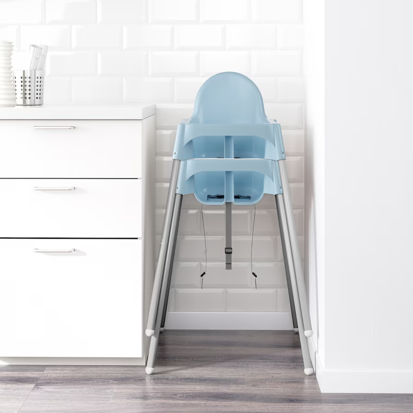 ANTILOP Highchair with tray, light blue/silver-colour