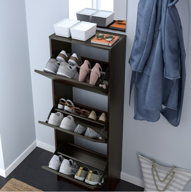 BISSA Shoe cabinet with 3 compartments, black, 49x28x135 cm