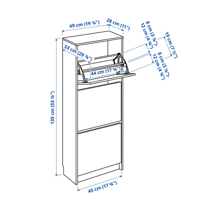 BISSA Shoe cabinet with 3 compartments, black, 49x28x135 cm