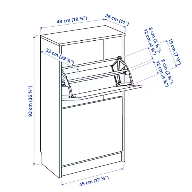 BISSA Shoe cabinet with 2 compartments, black, 49x28x93 cm