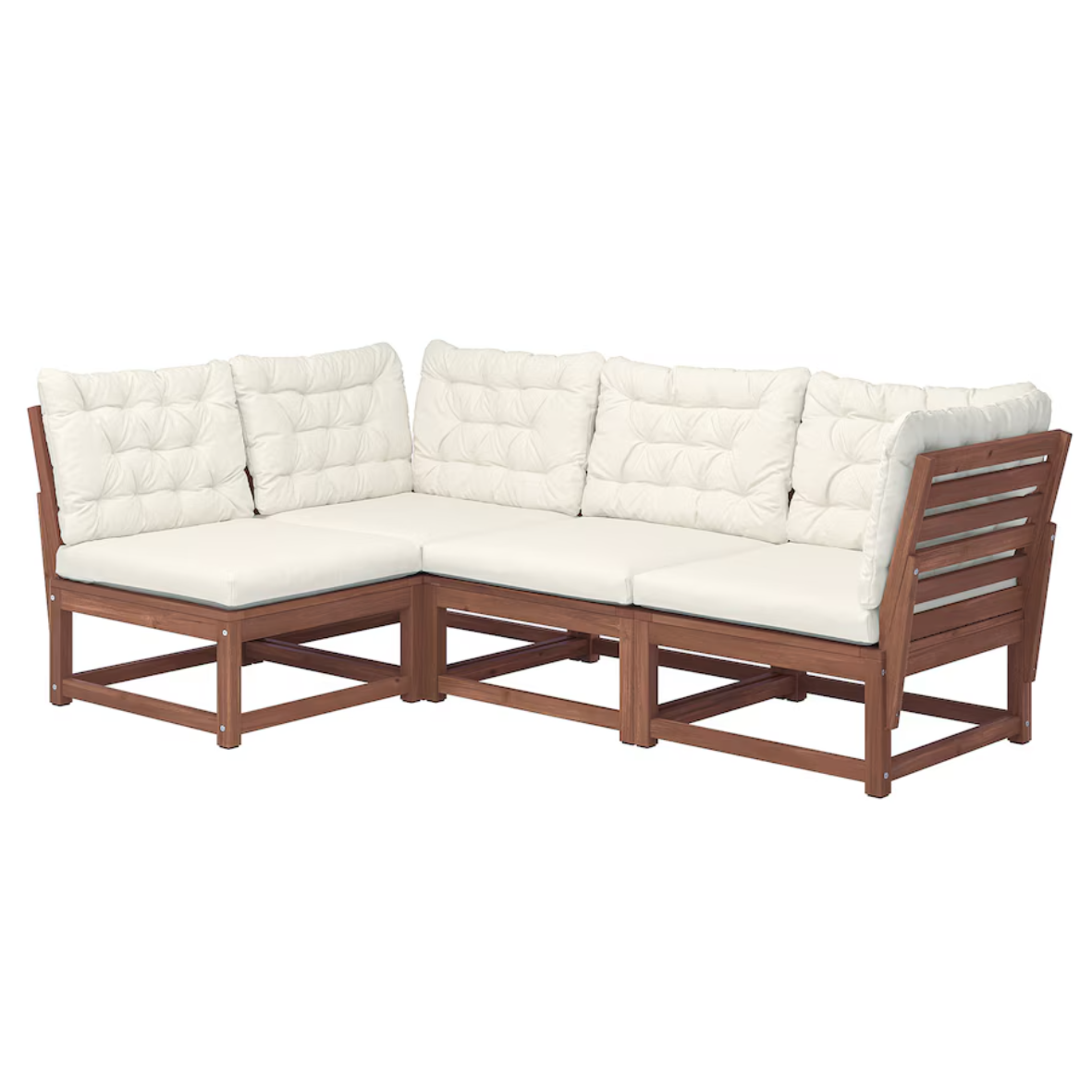 NÄMMARÖ Modular corner sofa, 3-seat, outdoor light brown stained/Kuddarna beige