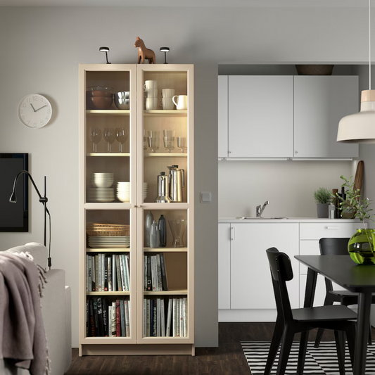 BILLY / OXBERG Bookcase with glass doors, birch effect, 80x30x202 cm